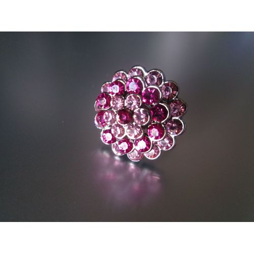 Bague Fantaisie Ajustable, Ronde Bombée, En Métal + Zircons Rose
