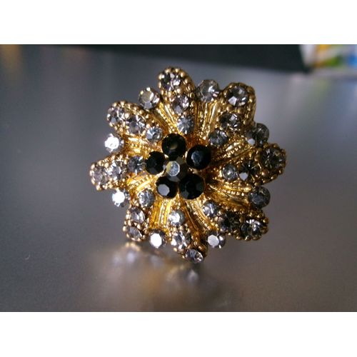 Bague Fantaisie Ajustable, Ronde, En Métal + Zircons Gris & Noir