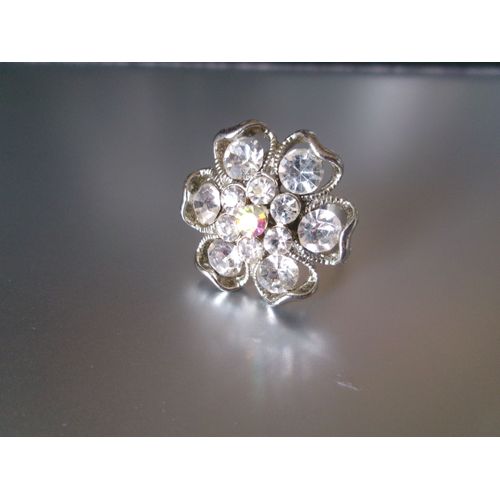 Bague Fantaisie Ajustable, Fleur À 6 Pétales, En Métal + Zircons Transparents
