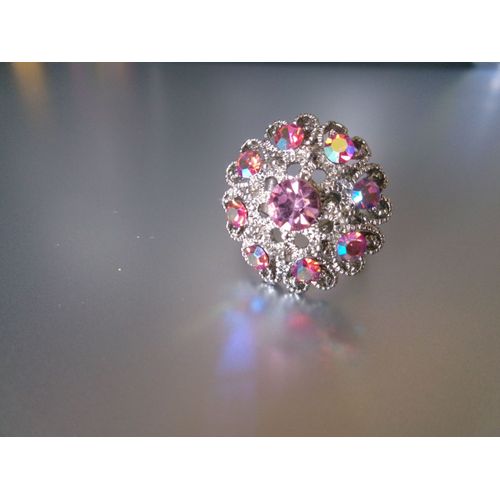Bague Fantaisie Ajustable, Ronde, En Métal + Zircons Roses