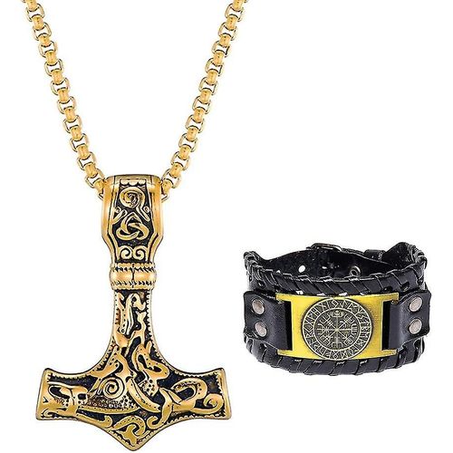 Thor's Hammer Collier Viking Bracelet Set Pour Heilwiy Men Boy Mjolnir Cadeau En Acier Inoxydable