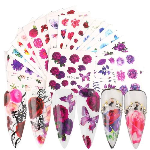 Fleurs Nail Art Décalcomanies Papillon Autocollants D¿Ongles Pour Femmes Rose Nail Art Fournitures Avec Feuilles Florales Assorties Design Water Transfer Foil Tattoo Diy Dec