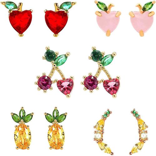 Heytea Fruit Stud Boucles D¿Oreilles 18k Plaqué Or Ananas Raisin Cerise Boucles D¿Oreilles Cubique Zircone Stud Set Pour Femmes Filles Fruits Bijoux Cadeaux - -