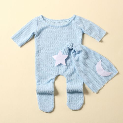 Ylsteed-Barboteuse à Pieds pour nouveau-né,Combinaison à Manches sulf,Patch Étoile de Lune,Accessoires Photo pour Bébé Garçon,Tenue de Photographie - Type Bleu-0-1Month