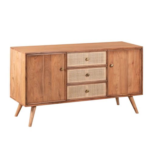 Buffet 2 Portes 3 Tiroirs En Acacia Finition Teinté Teck Avec Plaquag