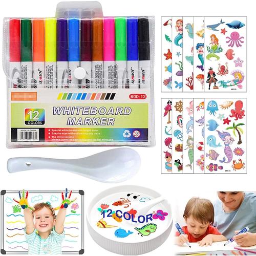 12pcs Magic Pen, Stylo Magique Enfant Avec Cuillère Et 2 Autocollants De Tatouage, Feutres Magiques, Feutre Eau Magique, Stylo Magiqu Pour Écrire Gribouiller Dessiner Tableau Blanc (B)