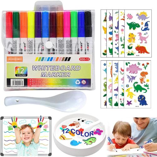 12pcs Magic Pen, Stylo Magique Enfant Avec Cuillère Et 2 Autocollants De Tatouage, Feutres Magiques, Feutre Eau Magique, Stylo Magiqu Pour Écrire Gribouiller Dessiner Tableau Blanc (A)