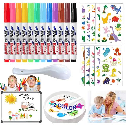 12pcs Magic Pen, Feutre Eau Magique Avec Cuillère Et 2 Autocollants De Tatouage, Feutres Magiques, Stylo Magique Enfant, Pour Écriture Des Enfants, Dessins, Jeux D'eau, Tableaux Blancs Etc (Coloré D)