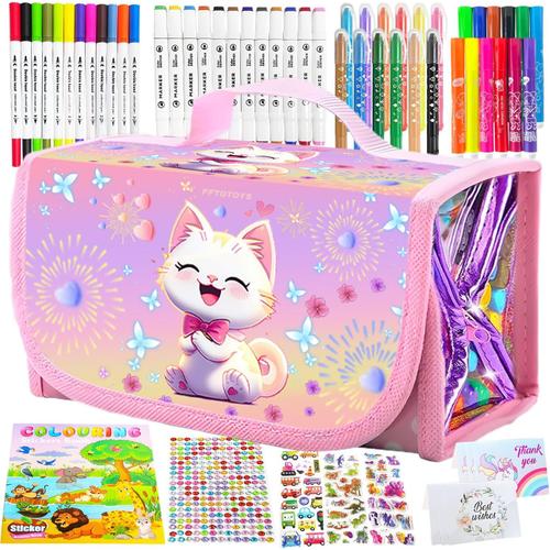 Kit Feutres Coloriage Enfants 64 Pcs,Malette Dessin Enfant,Set D'art Pour Enfants,Trousse De Papeterie,Boîte À Crayons,Crayons De Couleur,Stylos Aquarelle,Cadeau Pour 3 4 5 6 7 8 9 Ans Enfants(Chat)