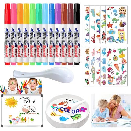 12pcs Magic Pen, Feutre Eau Magique Avec Cuillère Et 2 Autocollants De Tatouage, Feutres Magiques, Stylo Magique Enfant, Pour Écriture Des Enfants, Dessins, Jeux D'eau, Tableaux Blancs Etc (Coloré C)