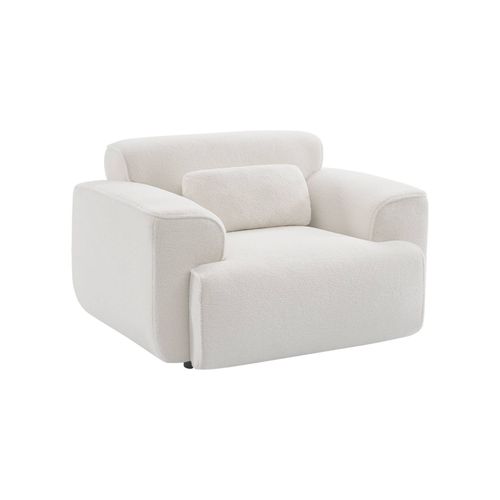 Fauteuil Tissu Bouclette Blanche. Lignes Arrondis. Coussin Fourni. Wallas. L 116 X P 97 X H 73cm