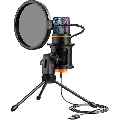 USB Microphone, Micro PC Micro Gaming avec Trépied et Filtre Anti-Pop, Micro Gamer à Condensateur pour Podcasting, Streaming, avec lumière RGB, pour PC, PS4/5, Mac, Windows