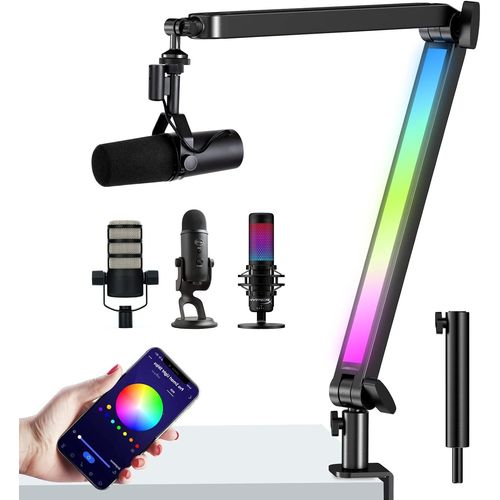 Bras de Microphone, Bras Articulé Micro avec Lumière RGB pour Blue Yeti, HyperX QuadCast RODE Shure SM7B MV7 Compatibilité Universelle, Perche Micro Gaming Support Micro Streaming