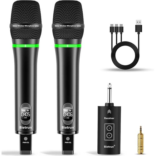 Microphone Rechargeable sans Fil, UHF Double Micro Karaoké à Transmission de 50M avec Port 6,35 et 3,5mm, Récepteur Rechargeable pour Les Haut-parleurs, Tables de mixage, amplificateurs, etc