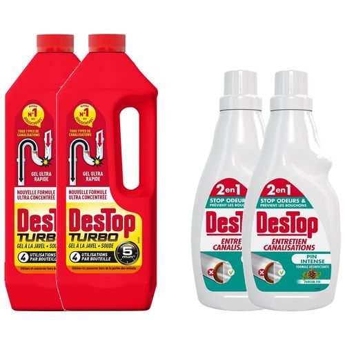DESTOP Lot de 2 Gels Déboucheur Turbo 5 min Javel + Gel Entretien Canalisations Pin intense