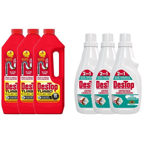 DESTOP Lot de 3 Gels Déboucheur Turbo 5 min Javel + Gel Entretien Canalisations Pin intense