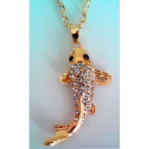 Collier Sautoir : Pendentif Carpe Koi (Symbole D' Amour Et De Persévérance) - Métal Doré Pvd + Strass - Cheapatleast 1654