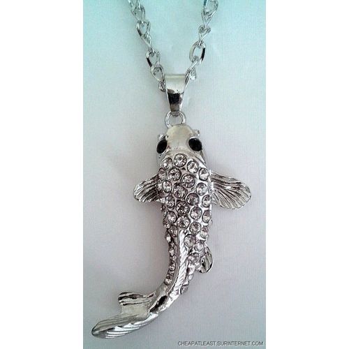 Collier Sautoir : Pendentif Carpe Koi (Symbole D' Amour Et De Persévérance) - Métal Argenté + Strass - Cheapatleast 1654