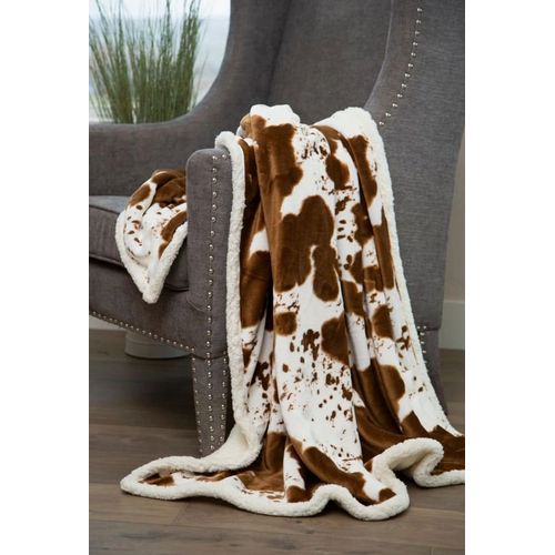 Plaid, Couvre Lit, En Sherpa, Peluche Ultra Douce Motifs Blanc Et Marron "Vache"