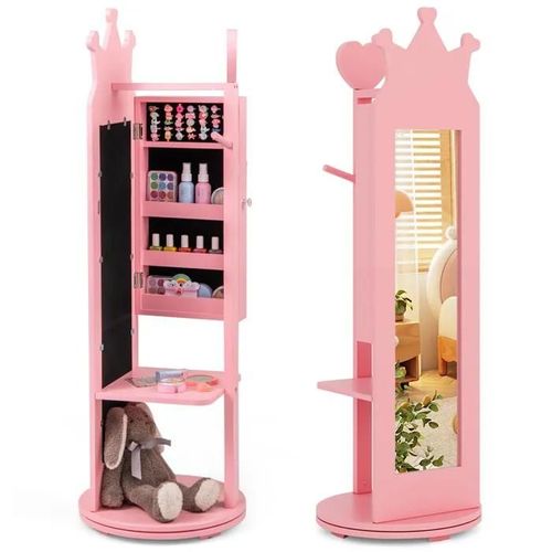 COSTWAY Armoire à Bijoux Enfants Base Pivotante, Miroir sur Pied, Grande Capacité de Rangement, Support à Vêtements, Crochets, Rose
