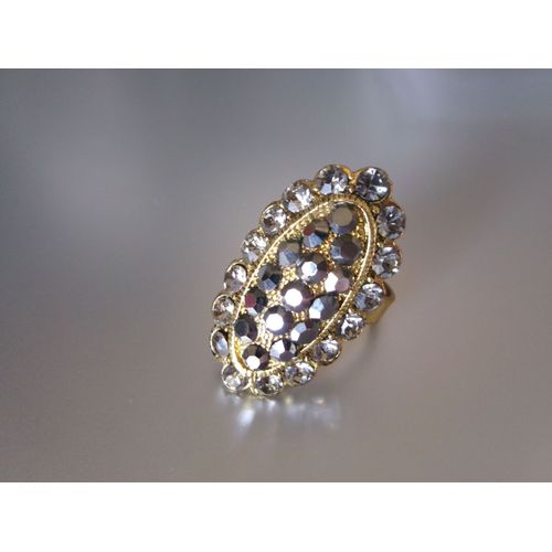 Bague Fantaisie Ajustable, Ovale, En Métal + Zircons Gris & Noirs