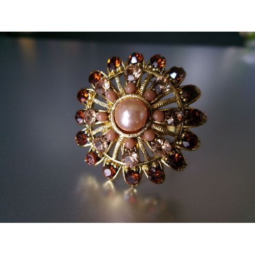 Bague Fantaisie Ajustable, Ronde, En Métal + Zircons Ambre & Ambre Clair + Perles Rose