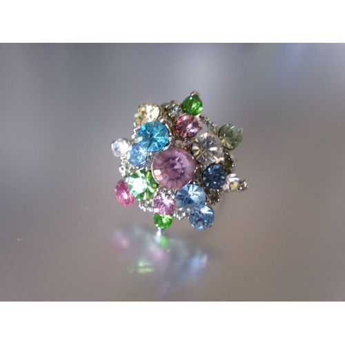 Bague Fantaisie Ajustable, Ronde Bombée, En Métal + Zircons Multicolores