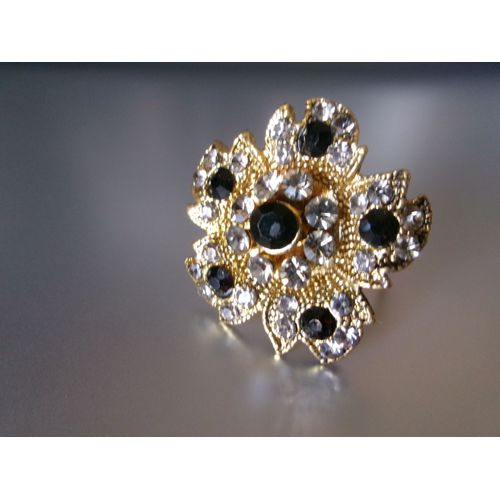 Bague Fantaisie Ajustable, Fleur À 5 Pétales, En Métal + Zircons Gris & Noir