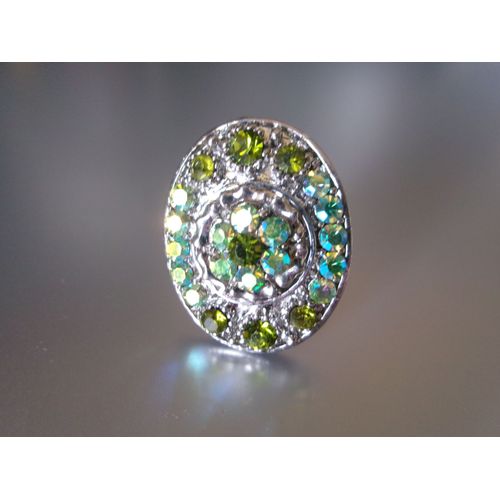 Bague Fantaisie Ajustable, Ovale, En Métal + Zircons Vert Clair & Vert Foncé