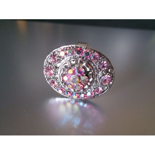 Bague Fantaisie Ajustable, Ovale, En Métal + Zircons Roses Irisés