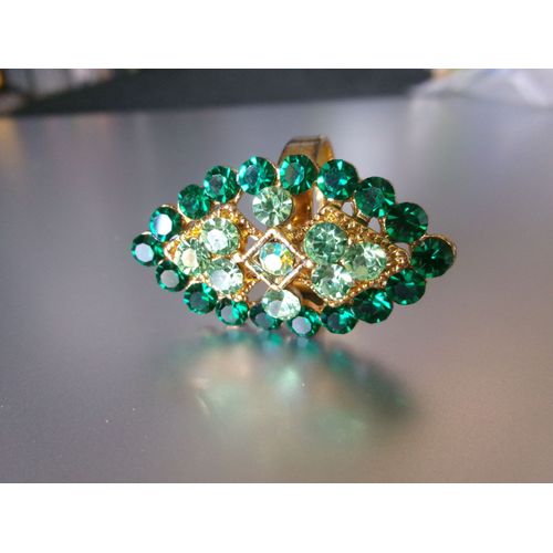 Bague Fantaisie Ajustable, Ovale, En Métal + Zircons Vert Foncé & Vert Pâle