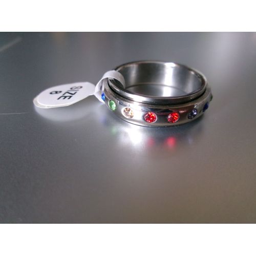 Anneau Fantaisie Tournant, En Métal + 18 Zircons Multicolores - Taille 57