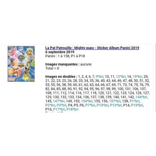 Paw Patrol / La Pat' Patrouille : Mighty Pups - Sticker Album Panini 2019 - Liste Des Images Pour Un Lot