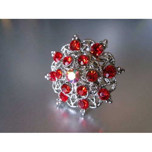 Bague Fantaisie Ajustable, Ronde Étoilée, En Métal + Zircons Rouge