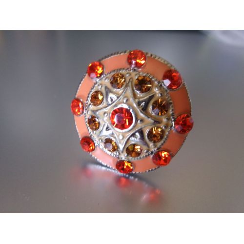 Bague Fantaisie Ajustable, Ronde, En Métal Et Émail Orange + Zircons Orange & Jaune Foncé