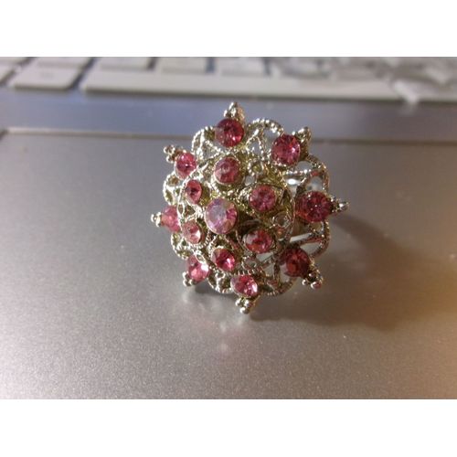 Bague Fantaisie Ajustable, Ronde Étoilée, En Métal + Zircons Rose Foncé