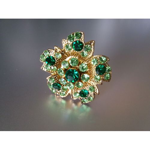 Bague Fantaisie Ajustable, Fleur À 5 Pétales, En Métal + Zircons Vert Pâle & Vert Foncé -