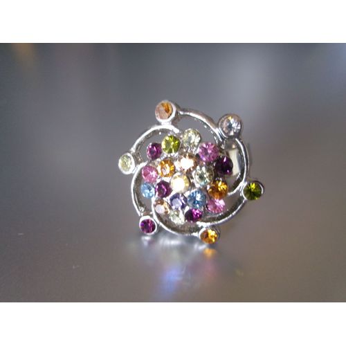 Bague Fantaisie Ajustable, Ronde En Tourbillon, En Métal + Zircons Multicolores