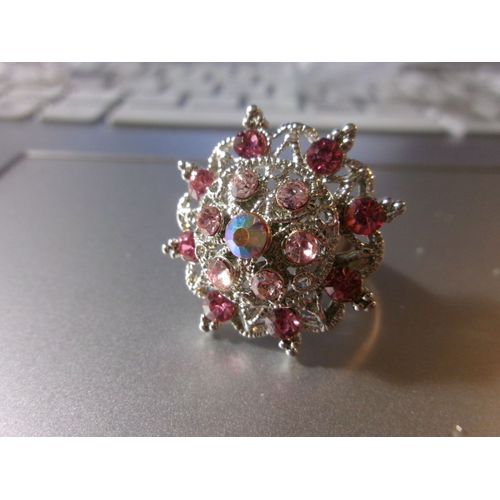 Bague Fantaisie Ajustable, Ronde Étoilée, En Métal + Zircons Roses