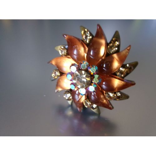 Bague Fantaisie Ajustable, Fleur Dentelée, En Métal + Zircons Jaune & Orange