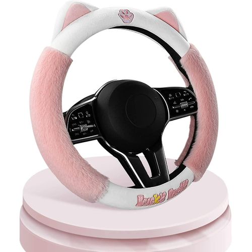 Rose Mignon Chat Hiver Chaud Peluche Auto Voiture Couvercle De Volant Pour Les Femmes Filles, Couvre-Volant Flou Pour Femmes, Universel 38cm Accessoires De Voiture