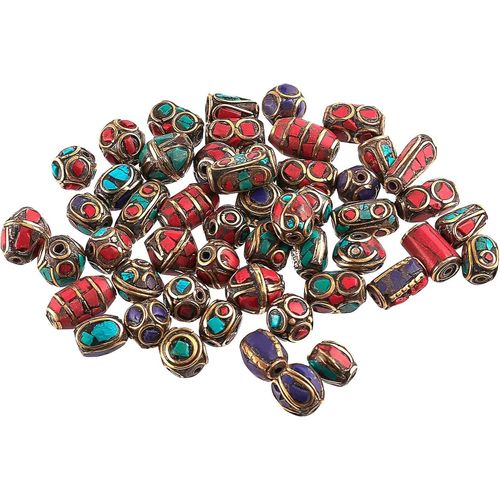 50pcs Perles De Style Tibétain Mixte, Laiton Fait À La Main Avec Corail Et Perles Turquoises Perles En Vrac Pour Boucle D¿Oreille Collier Bracelet Fabrication De Bijoux