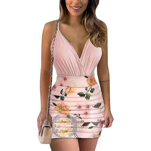 Robes Décontractées Pour Femmes Col V Colorblock Print Sling Robe Plissée Bretelle Une Ligne Robe Mi-Longue