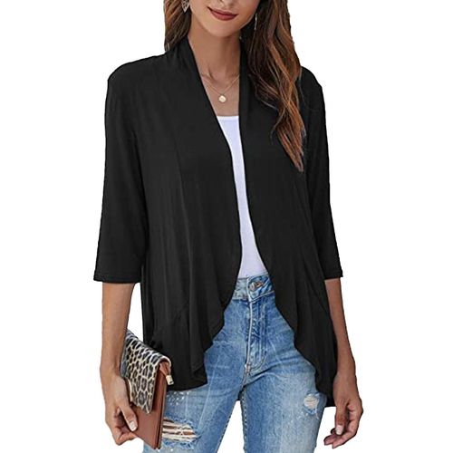 Cardigan Tops Pure Color Trois Quart Manche Falbala Asymétrique Ourlet Décontracté Cardigan Pardessus Pour Femmes Noir S