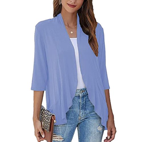 Cardigan Tops Pure Color Trois Quart Manche Falbala Asymétrique Ourlet Décontracté Cardigan Pardessus Pour Femmes Noir S