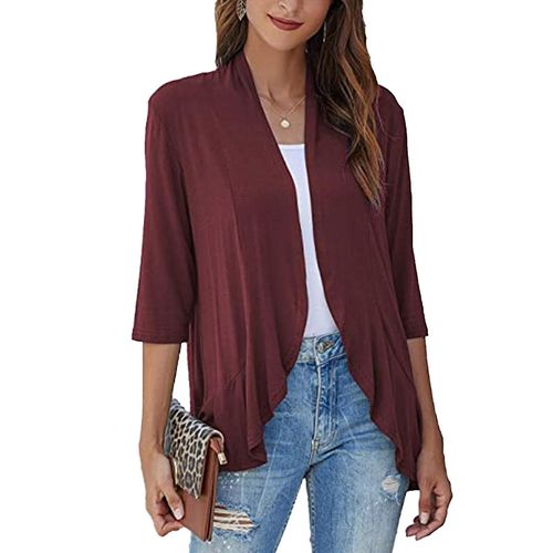 Cardigan Tops Pure Color Trois Quart Manche Falbala Asymétrique Ourlet Décontracté Cardigan Pardessus Pour Femmes Noir S