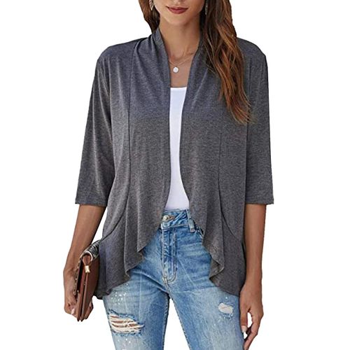 Cardigan Tops Pure Color Trois Quart Manche Falbala Asymétrique Ourlet Décontracté Cardigan Pardessus Pour Femmes Noir S