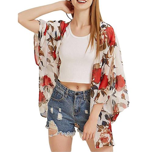 Femmes Floral Impression Cardigan Manches Courtes Coupe Lâche Décontracté Ouvrir Couverture Avant Up Pour Le Printemps Été Noir S