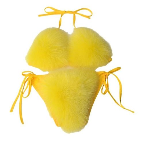 Maillots De Bain Deux Pièces Pour Femmes En Fausse Fourrure Licol String Triangle Bikini Ensembles
