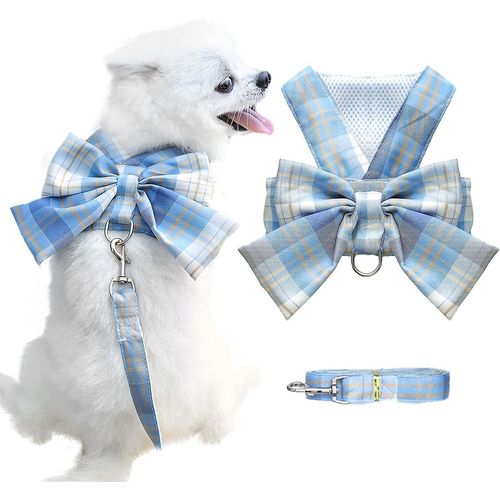 Harnais Pour Chien Pour Petits Chiens Avec Arc Petit Harnais Pour Chiens Avec Anneau En D Ensemble De Harnais Réglable En Maille Souple Harnais Et Laisse Pour Chiot (Bleu Xl)